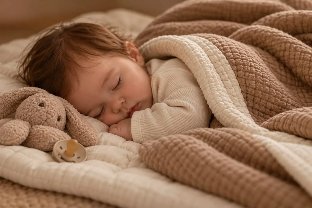 Bebé dormido junto a un conejito de peluche, arropado con una manta en tonos cálidos